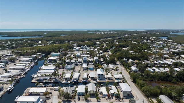 drone / aerial view with a residential view and a water view