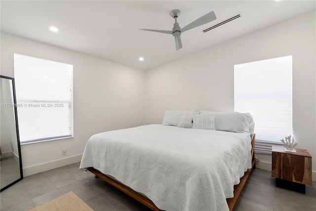 bedroom with recessed lighting, visible vents, baseboards, and a ceiling fan