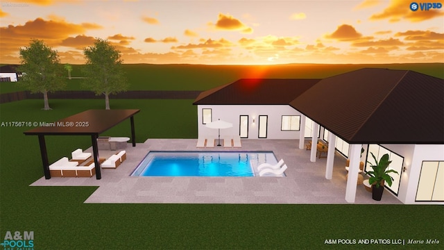 pool at dusk with a patio and a gazebo