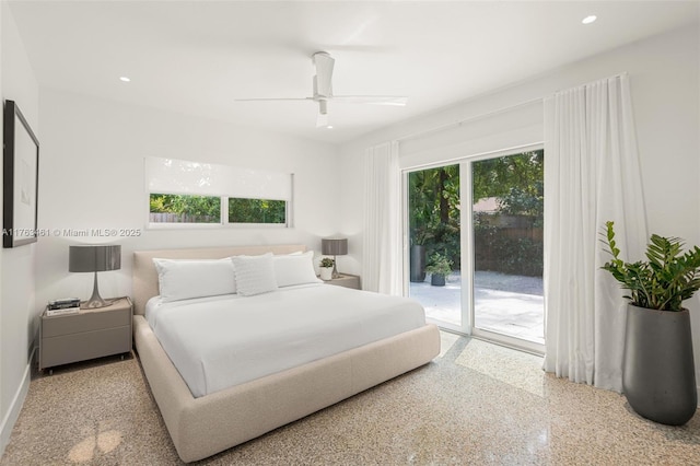 1040 NE 85th St, Miami, FL 33138 - bedroom with access to outside, speckle patterned floor, recessed lighting, a ceiling fan, and baseboards