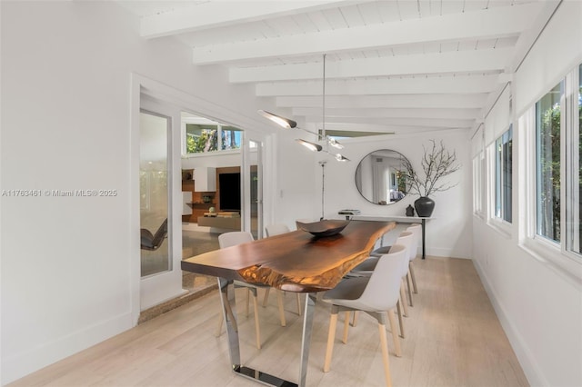 1040 NE 85th St, Miami, FL 33138 - dining room with baseboards, light wood-type flooring, beamed ceiling, and a ceiling fan