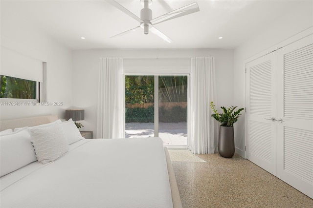 1040 NE 85th St, Miami, FL 33138 - bedroom featuring access to outside, a ceiling fan, speckled floor, recessed lighting, and a closet