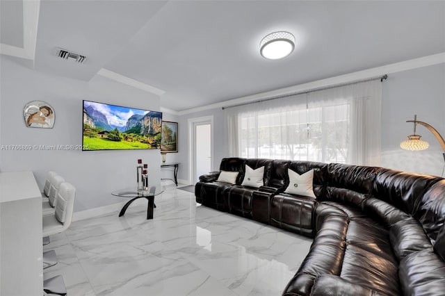 living area featuring visible vents, marble finish floor, crown molding, and baseboards