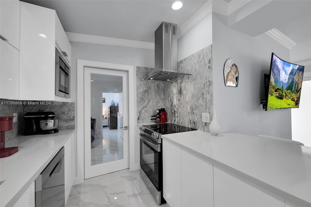 kitchen with range with electric cooktop, built in microwave, dishwasher, exhaust hood, and modern cabinets