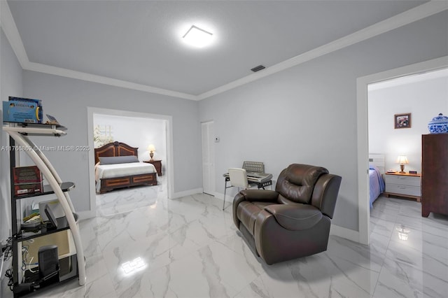 living area featuring visible vents, baseboards, marble finish floor, and ornamental molding