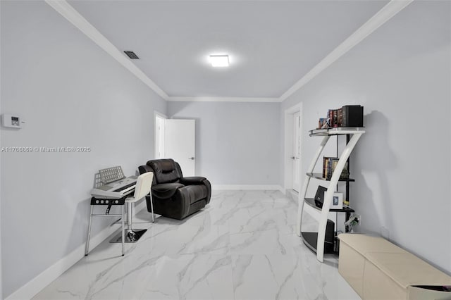 living area with visible vents, baseboards, marble finish floor, and crown molding