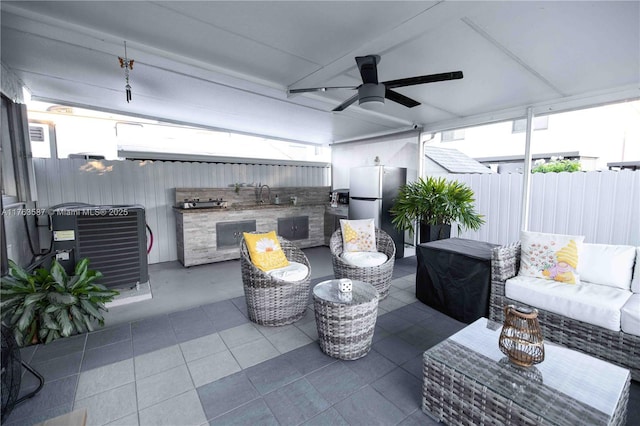 14016 SW 160th St, Miami, FL 33177 - view of patio / terrace with a ceiling fan, fence, an outdoor kitchen, an outdoor living space, and a sink