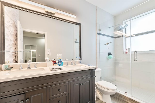 full bath featuring toilet, a stall shower, and a sink