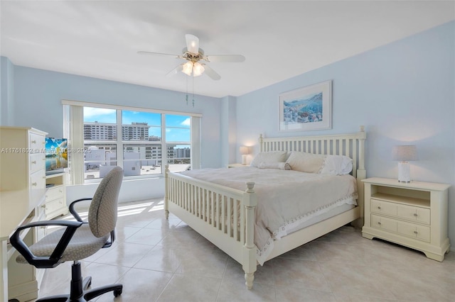 bedroom with light tile patterned floors and ceiling fan