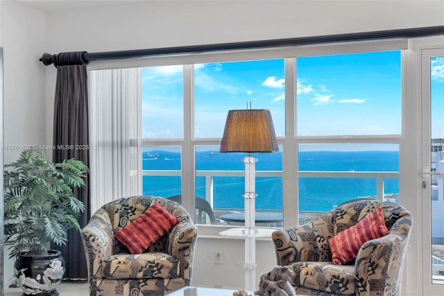 interior space with a water view