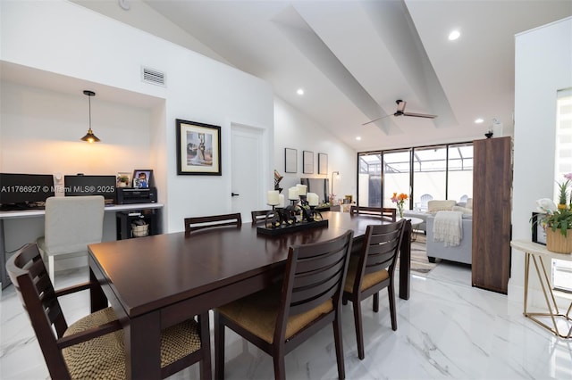 dining area featuring visible vents, marble finish floor, ceiling fan, recessed lighting, and lofted ceiling