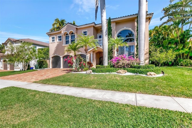 mediterranean / spanish-style house with a front lawn, decorative driveway, an attached garage, and stucco siding