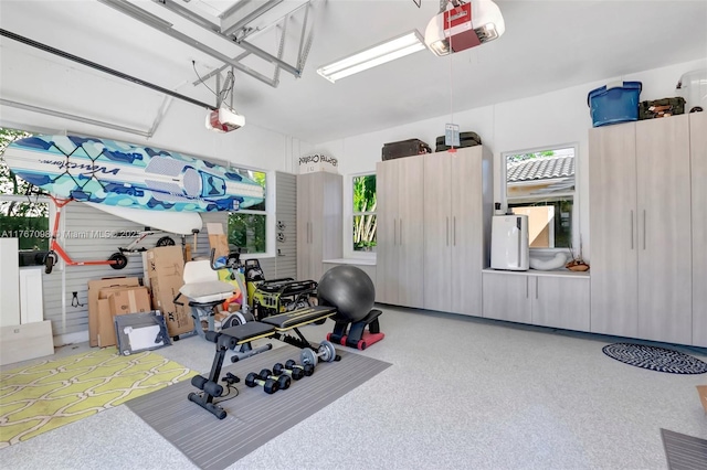 workout room with a garage