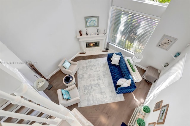 living area featuring a glass covered fireplace, wood finished floors, and baseboards