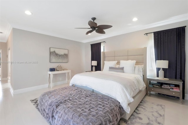 bedroom featuring recessed lighting, a ceiling fan, baseboards, and ornamental molding