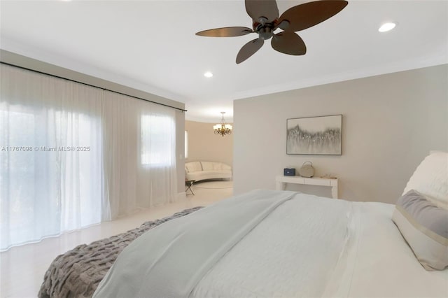 bedroom featuring recessed lighting, ceiling fan with notable chandelier, and ornamental molding