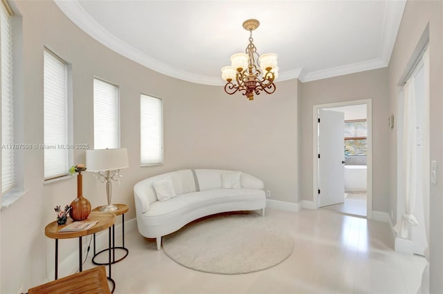 living area featuring baseboards, an inviting chandelier, and ornamental molding