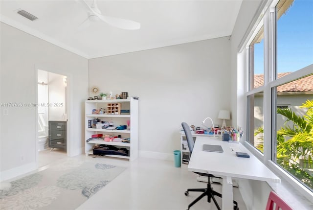 office with visible vents, baseboards, and ceiling fan