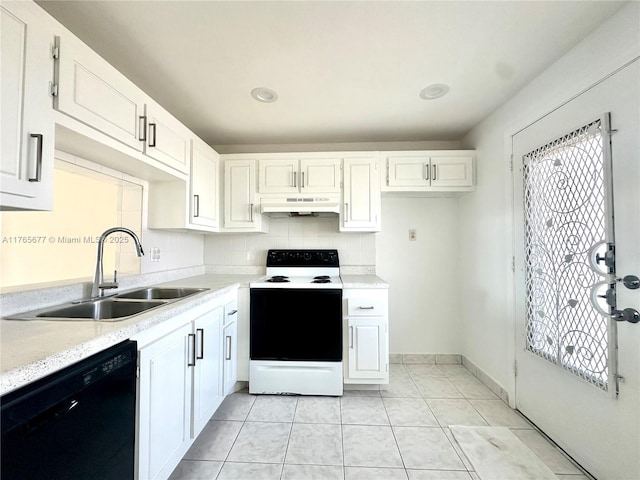 kitchen featuring a sink, dishwasher, light countertops, under cabinet range hood, and electric stove