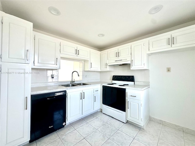 kitchen featuring a sink, electric range, dishwasher, light countertops, and under cabinet range hood