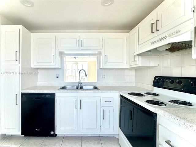 kitchen with black dishwasher, a sink, light countertops, under cabinet range hood, and electric range