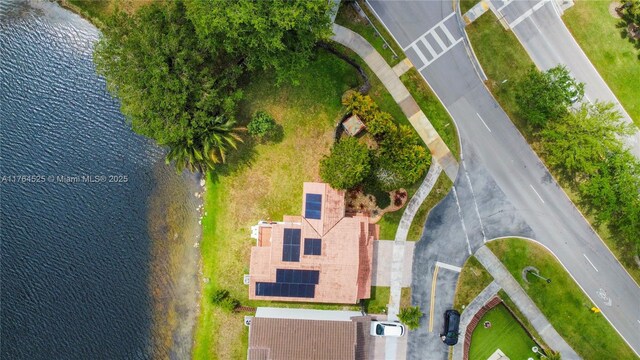 aerial view featuring a water view