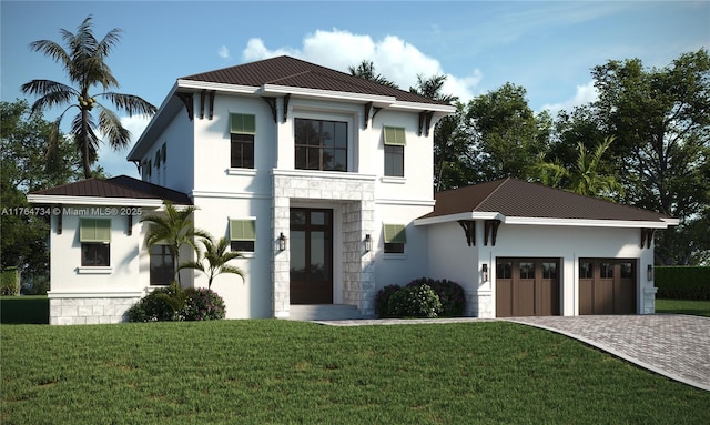 view of front of house with stone siding, an attached garage, a front lawn, metal roof, and stucco siding