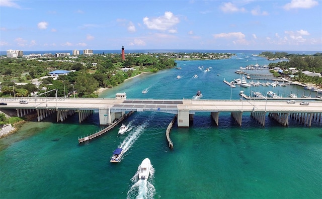 aerial view of a large body of water and a notable bridge