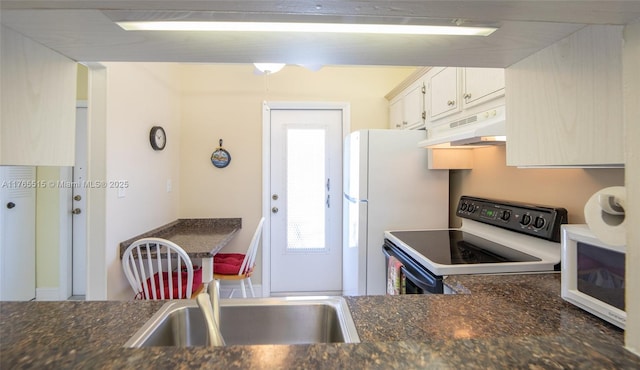 5000 NW 36th St Unit 509, Lauderdale Lakes, FL 33319 - kitchen featuring under cabinet range hood, range with electric cooktop, dark countertops, and white microwave