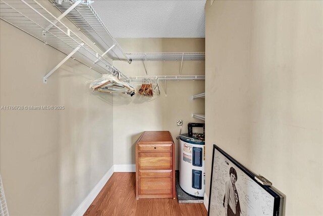 spacious closet featuring water heater and wood finished floors