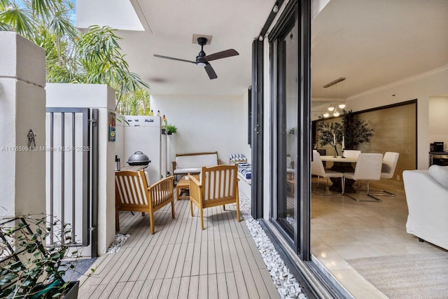 balcony with a ceiling fan