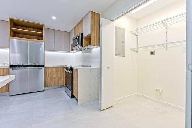 kitchen featuring modern cabinets, electric panel, open shelves, stainless steel appliances, and light countertops