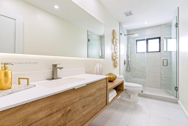 full bathroom featuring visible vents, toilet, a stall shower, tile patterned flooring, and vanity