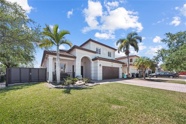 mediterranean / spanish-style home featuring a front yard, an attached garage, stucco siding, concrete driveway, and a tile roof