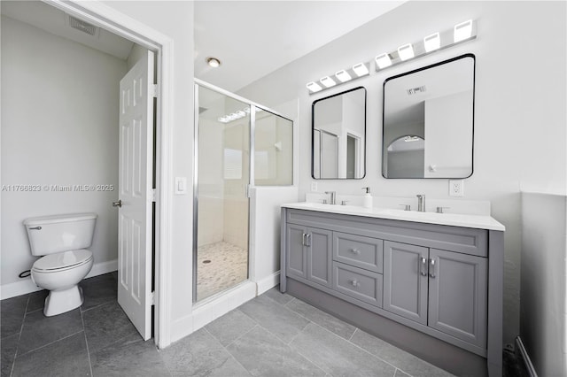 bathroom with double vanity, visible vents, toilet, and a stall shower