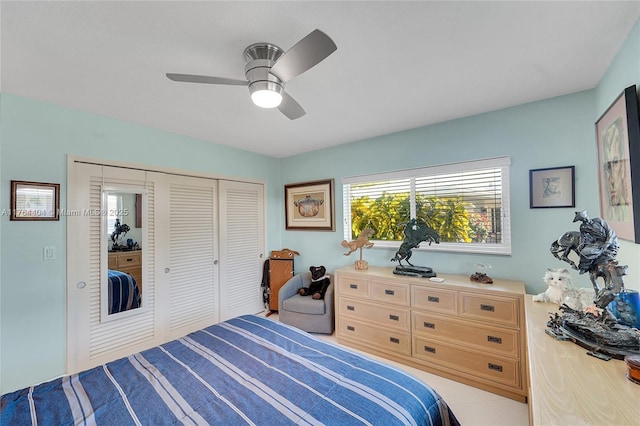 1431 S Ocean Blvd, Lauderdale By The Sea, FL 33062 - bedroom with a ceiling fan, a closet, and light tile patterned floors