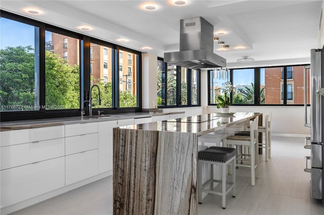 700 Coral Way Unit 2, Coral Gables, FL 33134 - kitchen featuring island exhaust hood, modern cabinets, black electric stovetop, white cabinets, and a center island