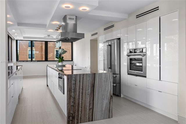 700 Coral Way Unit 2, Coral Gables, FL 33134 - kitchen featuring modern cabinets, stainless steel appliances, island exhaust hood, and white cabinetry