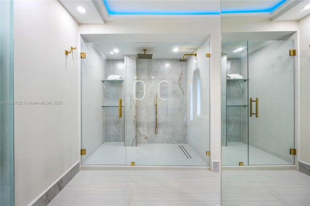 700 Coral Way Unit 2, Coral Gables, FL 33134 - bathroom featuring tile patterned floors, a shower stall, and recessed lighting