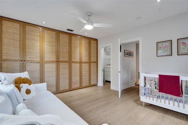 bedroom with a ceiling fan, light wood-style flooring, recessed lighting, and visible vents