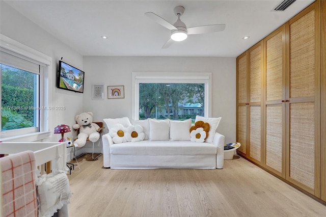 bedroom featuring a ceiling fan, light wood-style flooring, recessed lighting, and visible vents