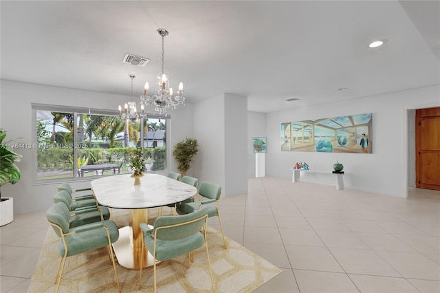 dining room featuring light tile patterned floors, visible vents, an inviting chandelier, and recessed lighting