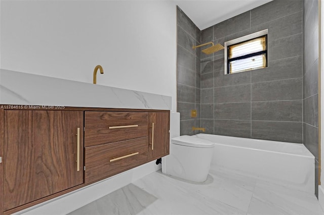 full bath with shower / tub combination, toilet, and marble finish floor