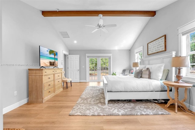 bedroom with beam ceiling, multiple windows, access to outside, light wood-type flooring, and visible vents