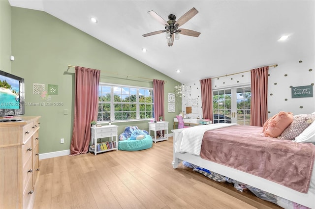 bedroom featuring baseboards, multiple windows, recessed lighting, and light wood-style floors