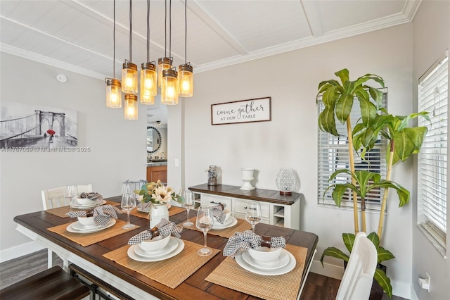 5081 SW 154th Pl, Miami, FL 33185 - dining room with baseboards, stairway, dark wood-type flooring, a chandelier, and beamed ceiling