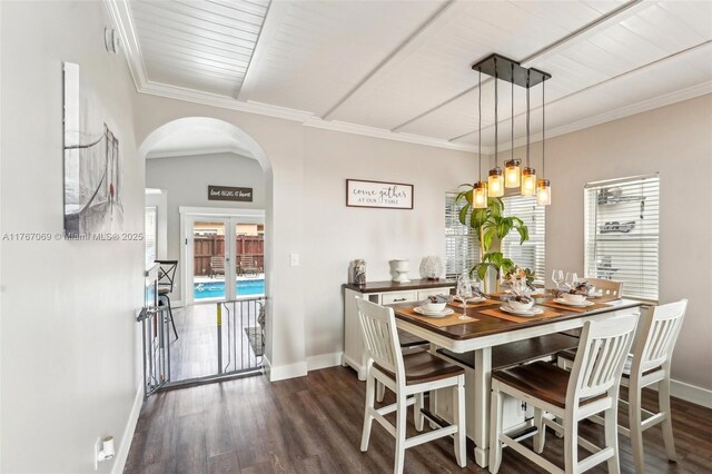 5081 SW 154th Pl, Miami, FL 33185 - dining area with a chandelier, dark wood-style flooring, stairway, baseboards, and beam ceiling