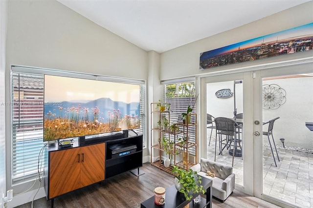 5081 SW 154th Pl, Miami, FL 33185 - living room with wood finished floors, french doors, and high vaulted ceiling