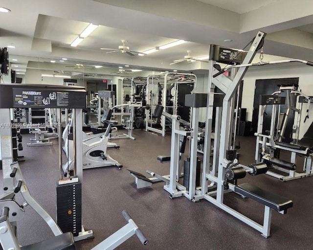 exercise room with a ceiling fan
