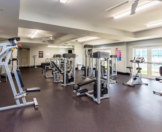 exercise room with visible vents, baseboards, a ceiling fan, and french doors